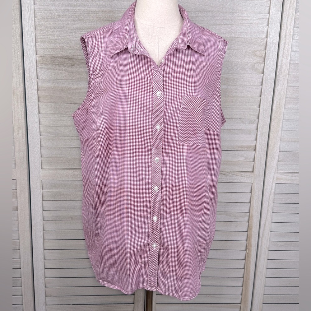 FADED GLORY Collared Button Front Tank Top Small Check Berry/White-2X